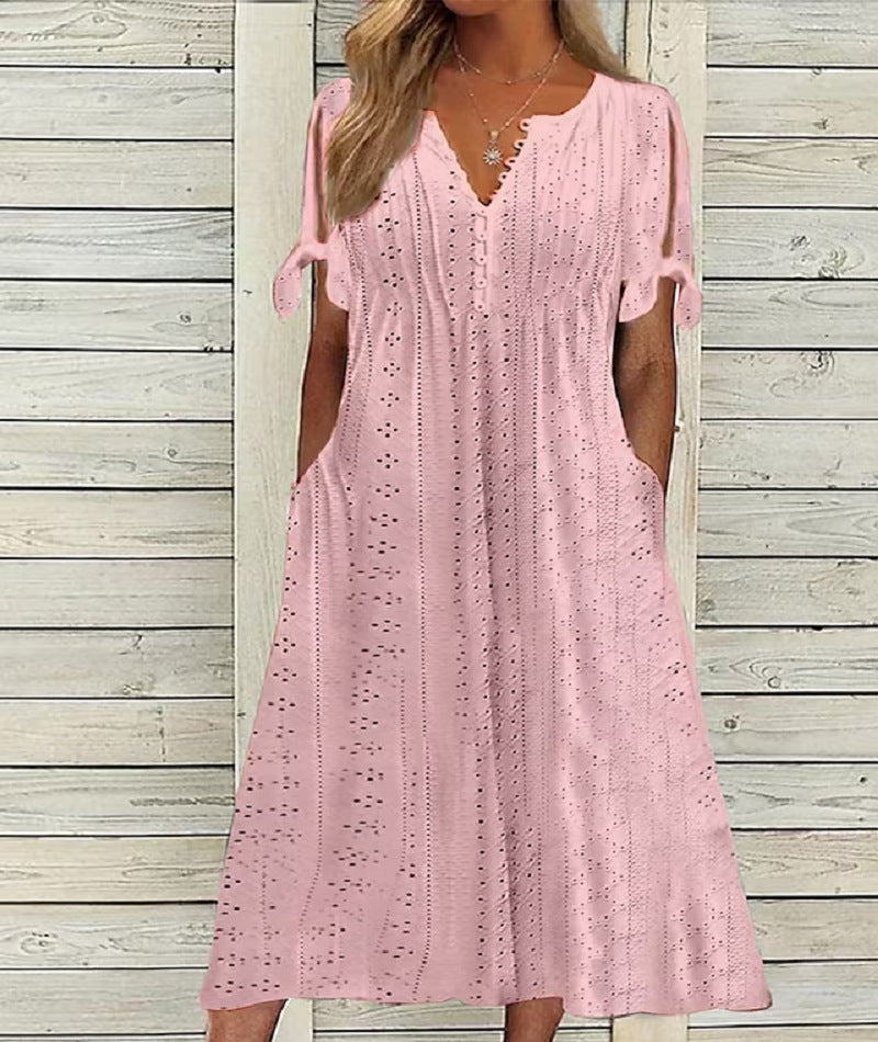 【S-3XL】Rochie la modă, lejeră, brodata cu talie înaltă, de culoare uni