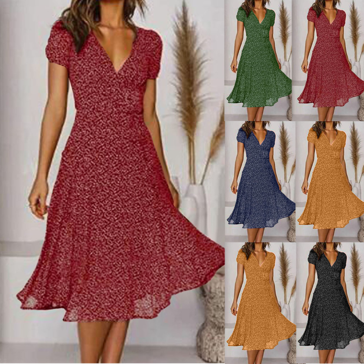 🌈💃👗😍Rochie nouă la modă pentru femei, cu buline, decolteu în V și mâneci scurte, rochie din șifon cu buline