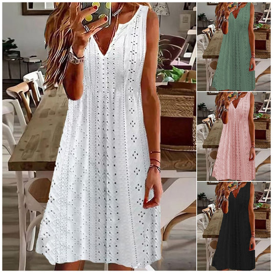 🧚♀️ 【50% popust 🔥】【S–5XL】😍 Nova poletna obleka za ženske, večje številke, enobarvna, brez rokavov, z V-izrezom in zračnim žakardovim vzorcem