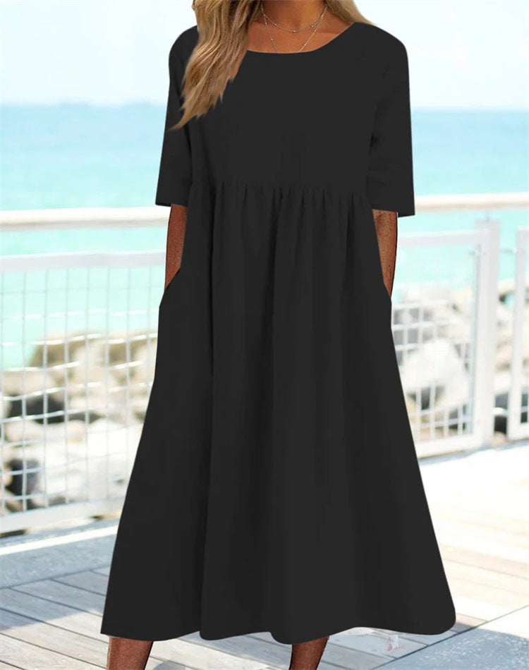 👘🌺【50% sleva 🔥】【M–3XL】Nové letní šaty pro ženy, kulatý výstřih a tištěný vzor, větší velikosti, lehké a prodyšné