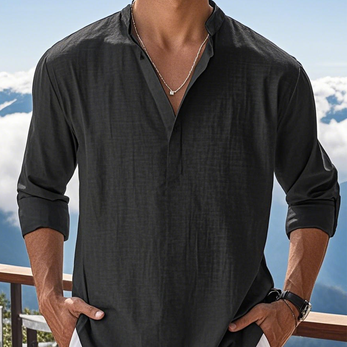 🤩✨【S-5XL】Pánská ležérní bavlněná lněná košile 2025, jednobarevná, s dlouhým rukávem, s vysokým límcem, volná