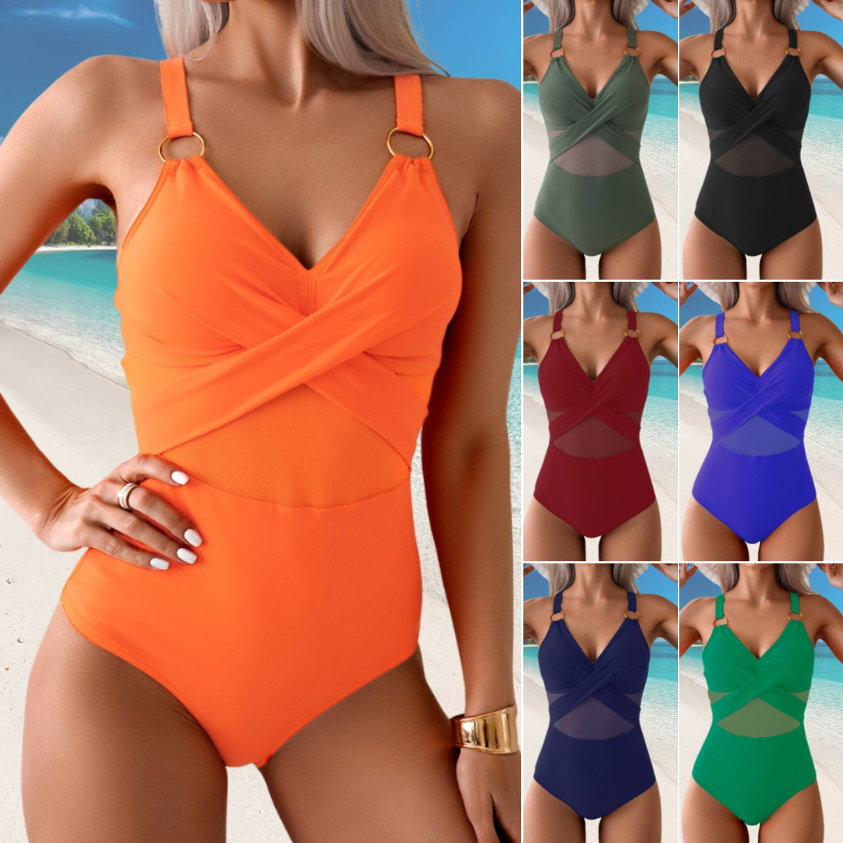 ✨👙【50% popust 🔥】【S-2XL】Enodelne mrežaste kopalke za ženske z oblinami, enobarvni bikini z naramnicami in kovinskimi obročki
