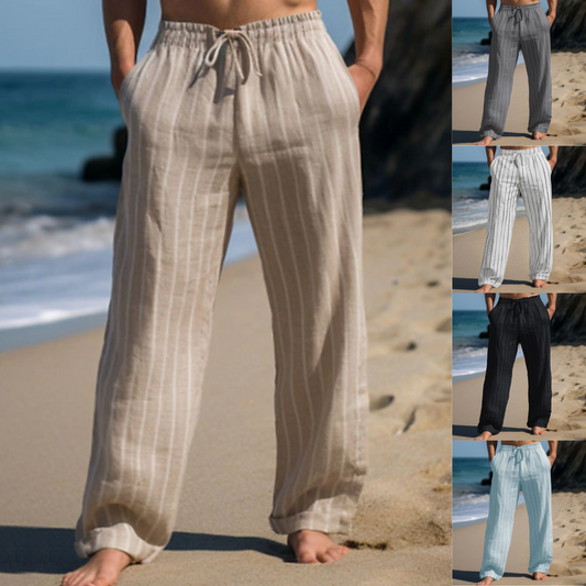 🎹👖【50% popust 🔥】【M–3XL】😍 Moške nove lanene hlače večjih velikosti s črtami, ravnega kroja, z elastičnim pasom in vrvico