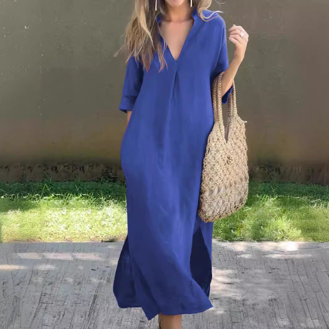 🌿💃【50% popust 🔥】【S–3XL】Nova ženska dolga obleka iz bombaža in lana za večje številke z V-izrezom in stranskimi razporki