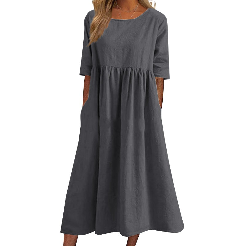 💕【50 % popust】【S-5XL】Ležerna obleka z žepi 2025, ohlapna, enobarvna in zelo udobna