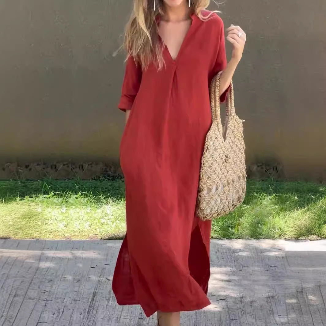 🌿💃【50% popust 🔥】【S–3XL】Nova ženska dolga obleka iz bombaža in lana za večje številke z V-izrezom in stranskimi razporki