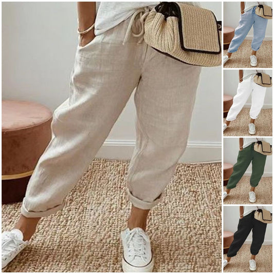【S-5XL】Pantaloni casual de damă din bumbac și in, opțiuni multicolore