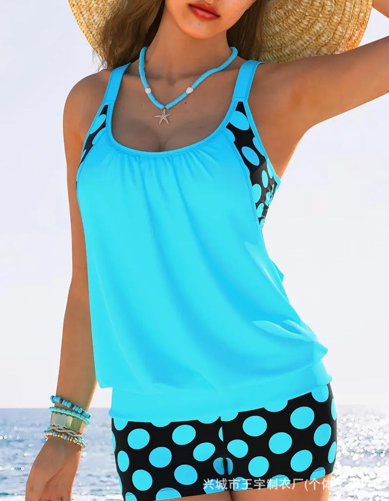 🏖️【S-4XL】✨【Top + Pantaloni】Set de costum de baie pentru femei, cu bretele, buline, mărime mare, 2025
