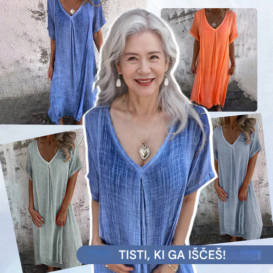 🔥【50 % popust】🥰👗【S-3XL】Nove modne obleke z V-izrezom iz bombaža in lana za leto 2025