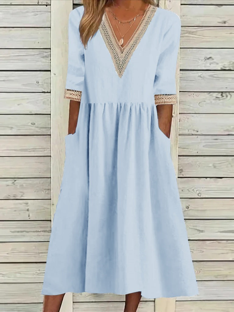 🌈👗【50% popust 🔥】【40-90 kg】👑 Ženska midi obleka iz bombaža in lana s čipkastim ovratnikom, v večjih velikostih