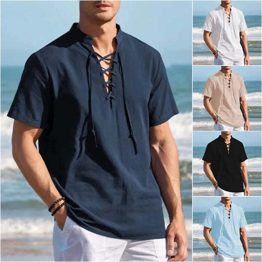 🏄♂️👔【50% popust 🔥】【S-3XL】Moška majica Henley, bombaž in lan, velike velikosti, z V-izrezom in okrasno vrvico