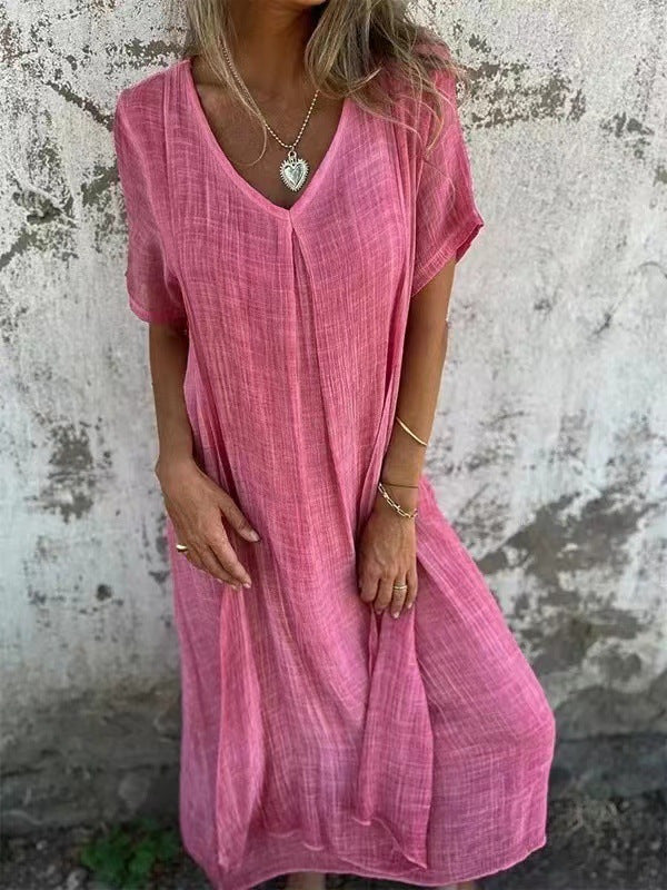 🔥【50 % popust】🥰👗【S-3XL】Nove modne obleke z V-izrezom iz bombaža in lana za leto 2025