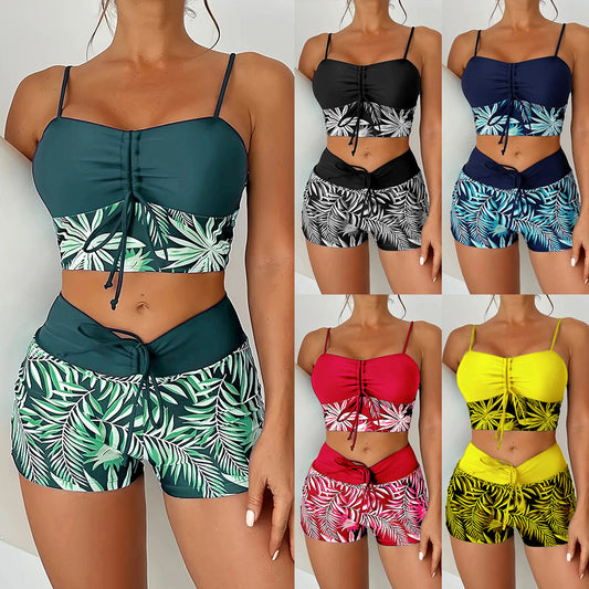 🏊👙【Reducere de 50%】【40-100kg】🌴 Costum de baie din două piese, tip boxer cu talie înaltă, cu imprimeu, cu cusături uni, mărime mare, imprimat