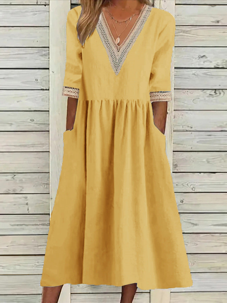 🌈👗【50% popust 🔥】【40-90 kg】👑 Ženska midi obleka iz bombaža in lana s čipkastim ovratnikom, v večjih velikostih