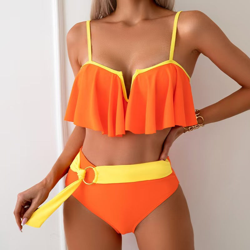 🏄♀️🌴【50% popust 🔥】【S–XL】👙 Bikini za ženske večjih velikosti — havajski stil, kontrastne barve, okrogla zaponka