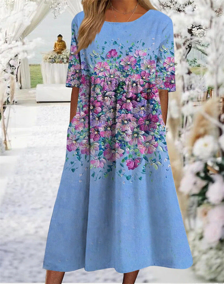 👘🌺【50% sleva 🔥】【M–3XL】Nové letní šaty pro ženy, kulatý výstřih a tištěný vzor, větší velikosti, lehké a prodyšné