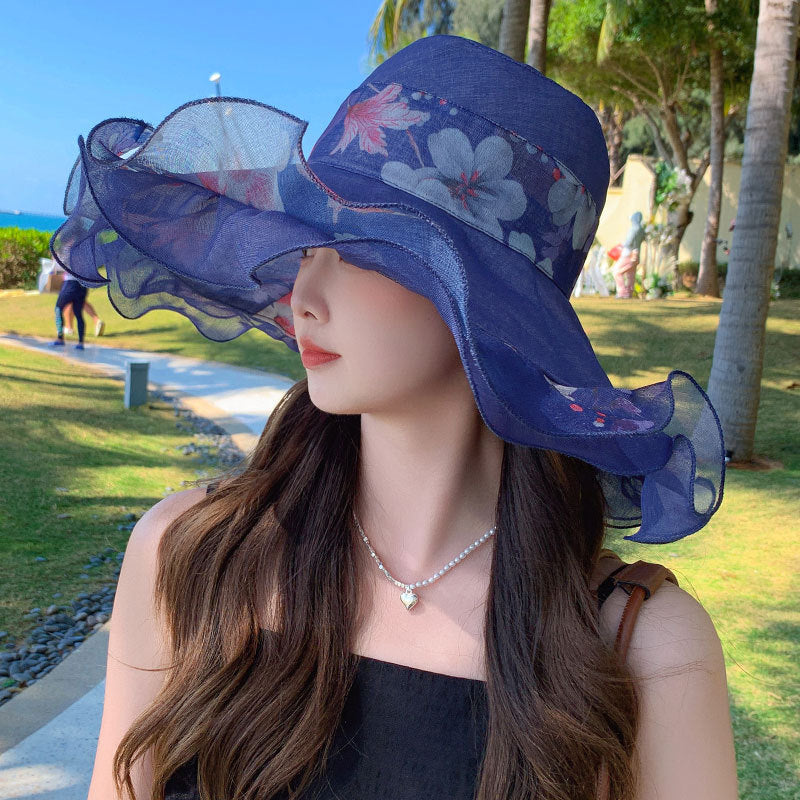 🎀👒【Letní novinky – sleva 50 % ✨】Dámská letní plážová čepice z bavlny a lnu s vlnitým okrajem, nositelná na obou stranách
