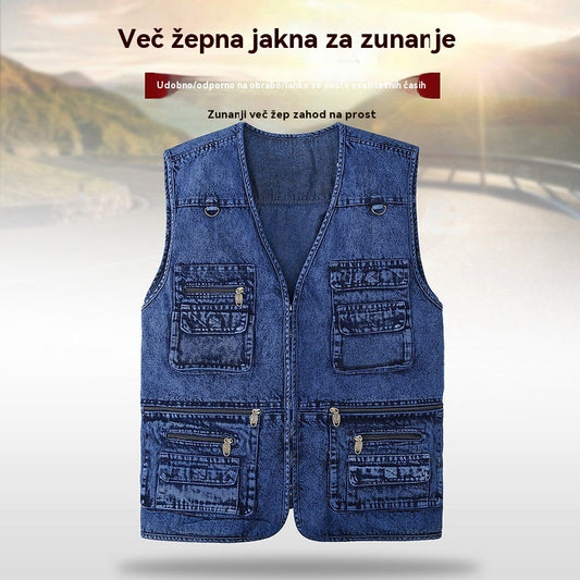 🔥 Nova kolekcija s 50 % popustom, moški odprt jeans brezrokavnik z več žepi XL-7XL, vzdržljiv, zračen in priročen za shranjevanje
