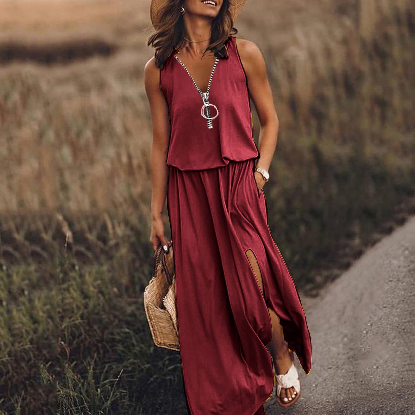 📢Kiárusítás🔥💟👗【S-5XL】Új, nyári divatos ujjatlan ruha cipzárral és mintával a derekán