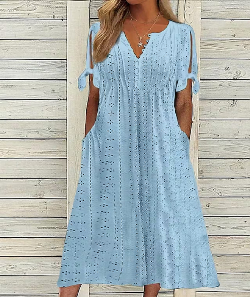 【S-3XL】 Módní, volné, vyšívané, jednobarevné šaty s vysokým pasem