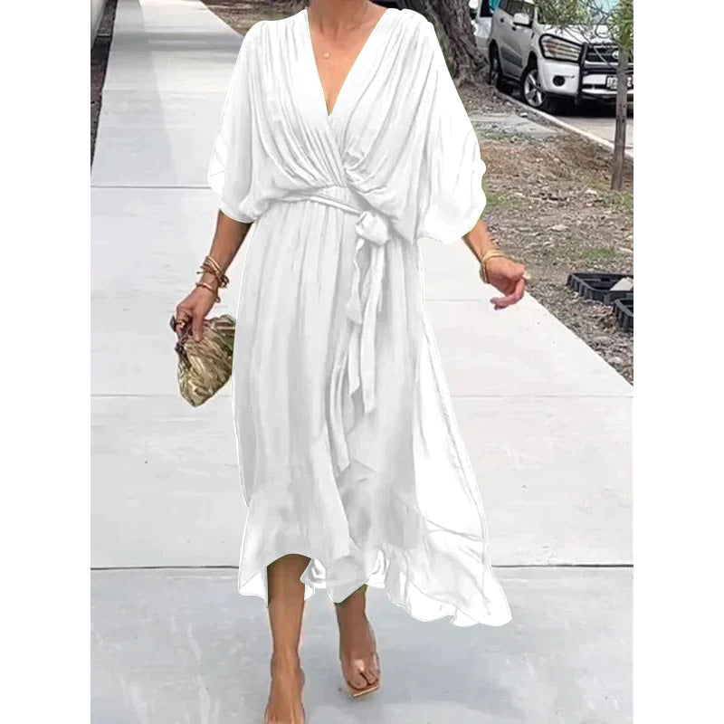 👗Večbarvna čipkasta šifonska obleka brez rokavov in netopirjevih rokavov
