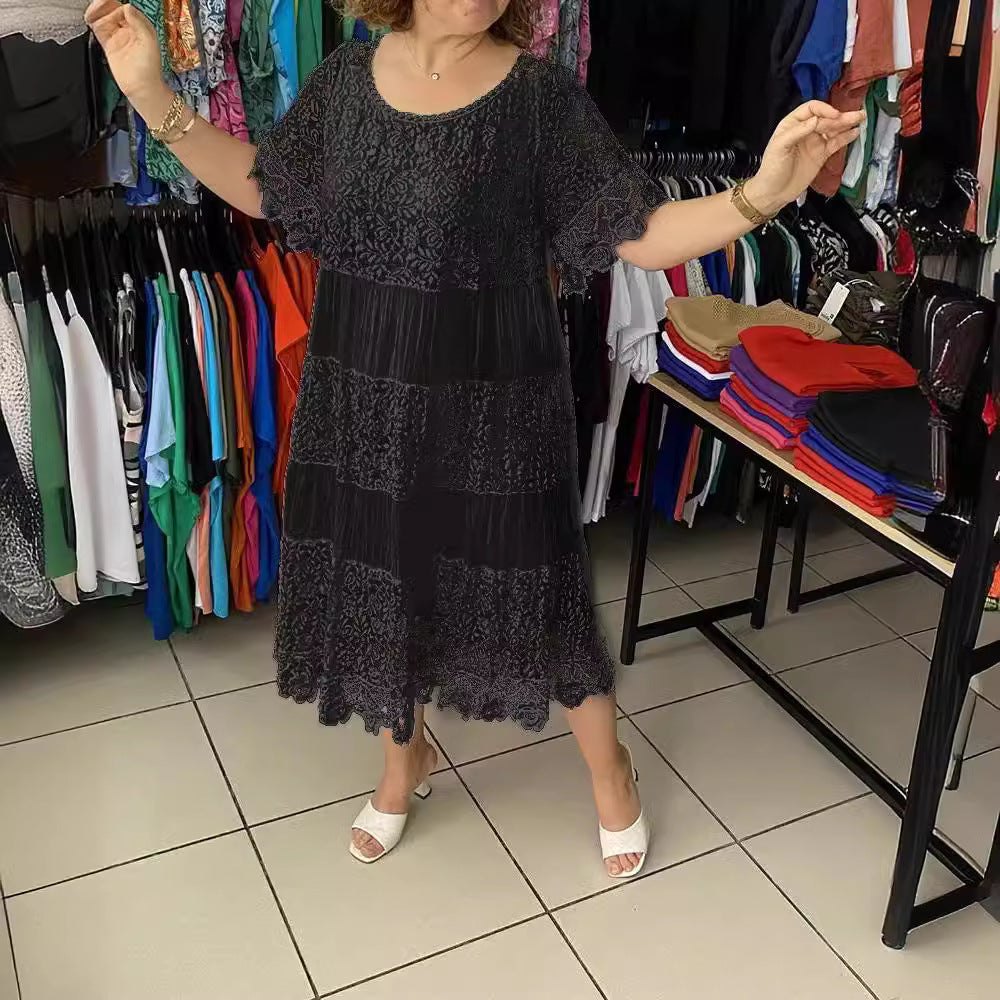 ✨【S-5XL】Nova čipkasta obleka s kratkimi rokavi in okroglim izrezom