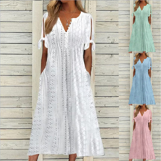 【S-3XL】Rochie la modă, lejeră, brodata cu talie înaltă, de culoare uni