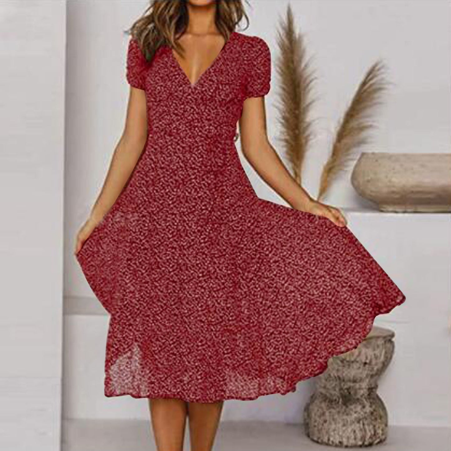 🌈💃👗😍Rochie nouă la modă pentru femei, cu buline, decolteu în V și mâneci scurte, rochie din șifon cu buline