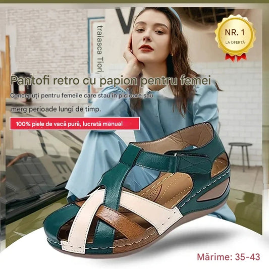 ✨ 🎁 【35-43】✨ 2025 noi sandale din piele moale, cu talpă groasă și vârf deschis, vârf rotund retro, toc plat, talpă groasă și scobită în gol