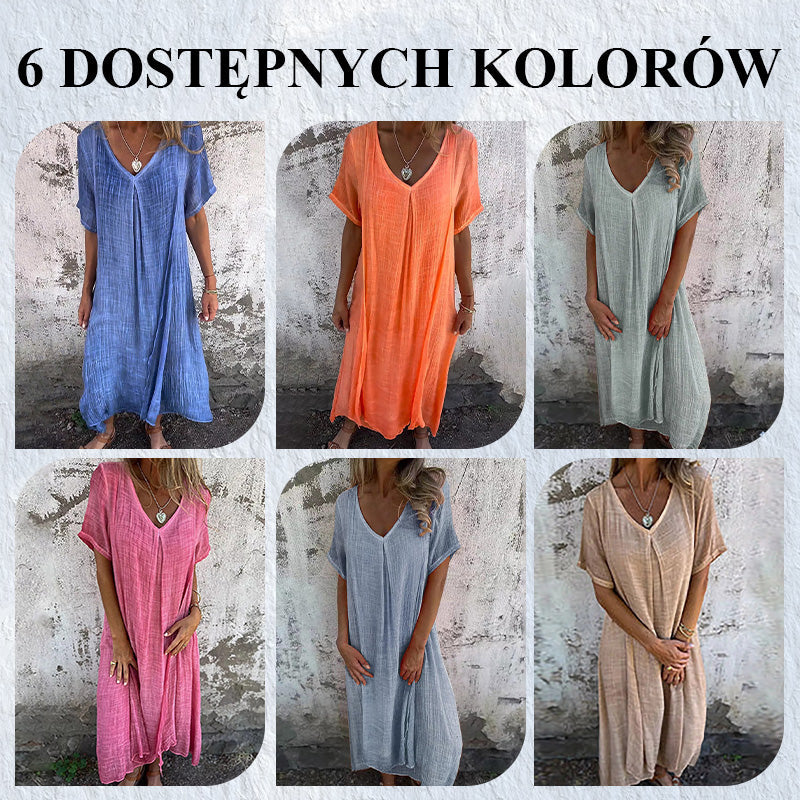🔥【50 % popust】🥰👗【S-3XL】Nove modne obleke z V-izrezom iz bombaža in lana za leto 2025