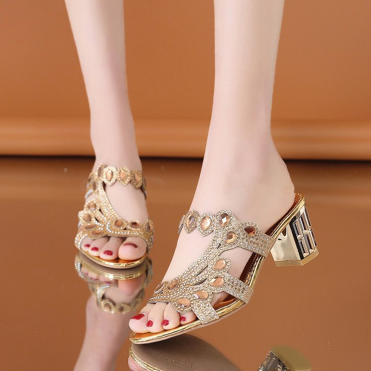 💎👡【34-42】Dimensiune mare sandale cu toc gros și strasuri