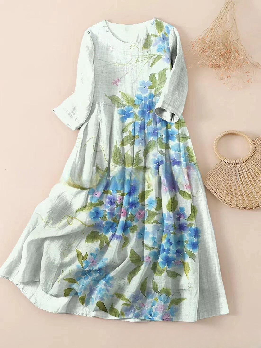 【50 % popust】【S-3XL】🌼Nova nagubana obleka s cvetličnim potiskom in okroglim izrezom🌸mlada in lepa