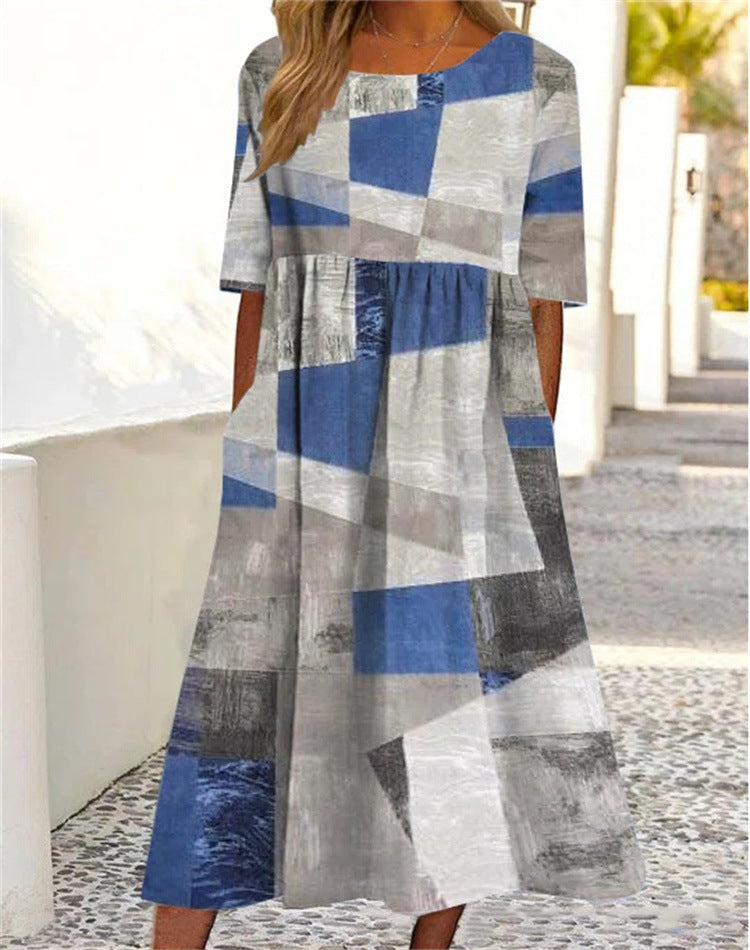 👘🌺【50% sleva 🔥】【M–3XL】Nové letní šaty pro ženy, kulatý výstřih a tištěný vzor, větší velikosti, lehké a prodyšné