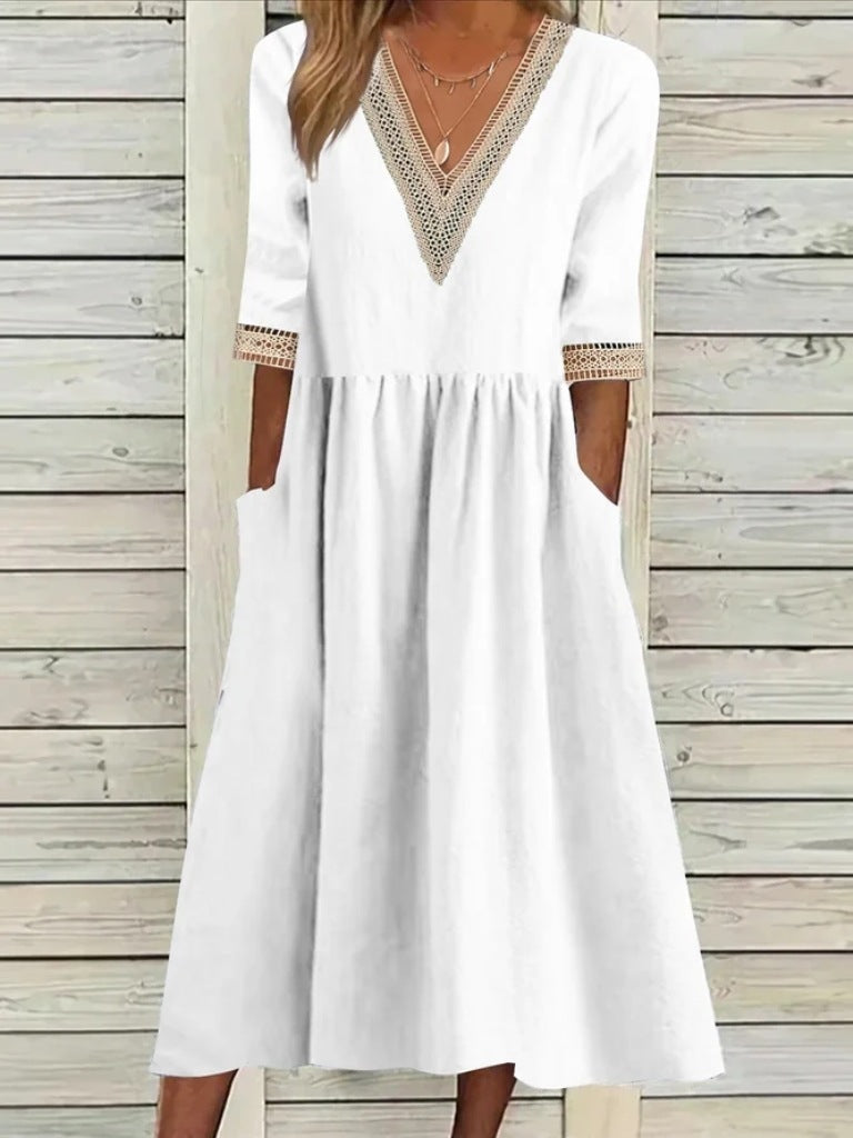 🌈👗【50% popust 🔥】【40-90 kg】👑 Ženska midi obleka iz bombaža in lana s čipkastim ovratnikom, v večjih velikostih