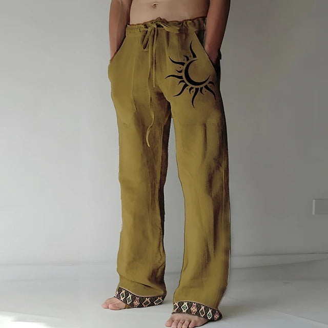 👖🌙【50% popust 🔥】【S–6XL】Nove moške hlače iz bombaža in lana z luninim vzorcem, široke ravne hlačnice, ležerni kroj, večje velikosti