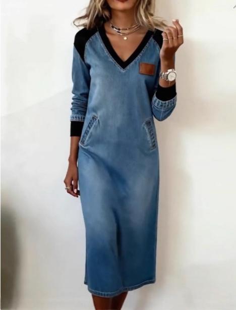 📢【50% zľava】【S-3XL】Nové módne džínsové šaty s farebnými blokmi a výstrihom do V