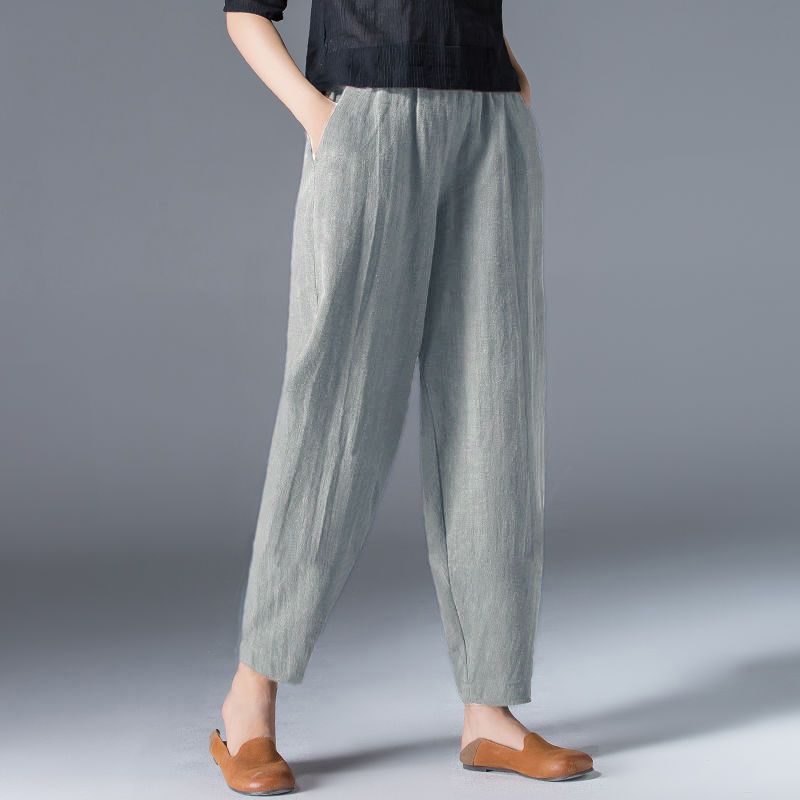 🌿🌿【50 % popust 🔥】【S–5XL】Ženske ohlapne široke hlače iz bombaža in lana v velikih velikostih