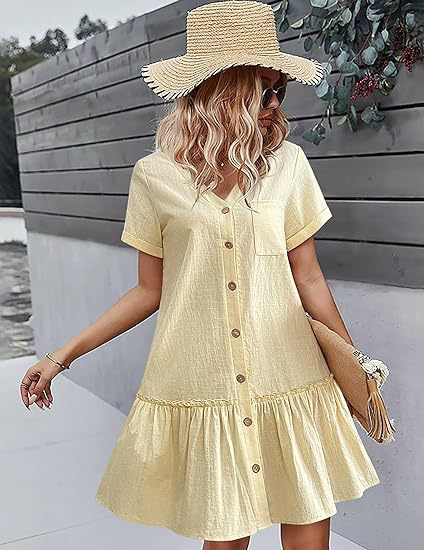 👗🍀Volné letní šaty z bavlny a lnu, nařasený spodní díl, každodenní šaty s krátkými rukávy