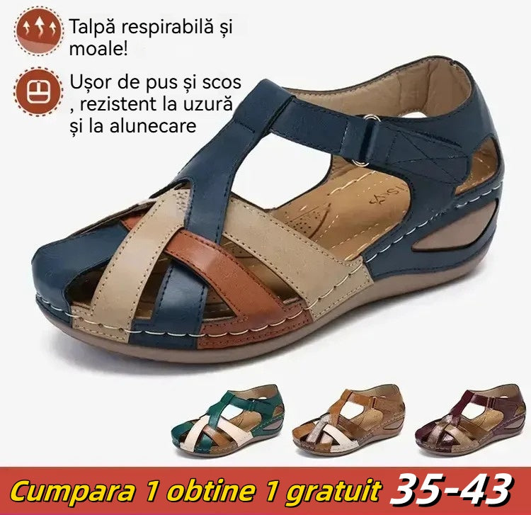 ✨ 🎁 【35-43】✨ 2025 noi sandale din piele moale, cu talpă groasă și vârf deschis, vârf rotund retro, toc plat, talpă groasă și scobită în gol