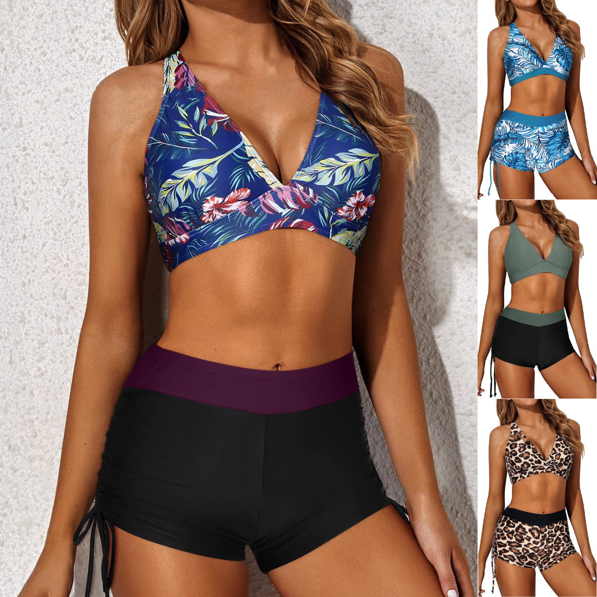 🏖️🧚♀️【Nov poletni stil - 50 % popust🔥】【S-2XL】😍 Ženske dvodelne kopalke z globokim V-izrezom, bikini, plus velikosti, visok pas, boksarice, 12 barv