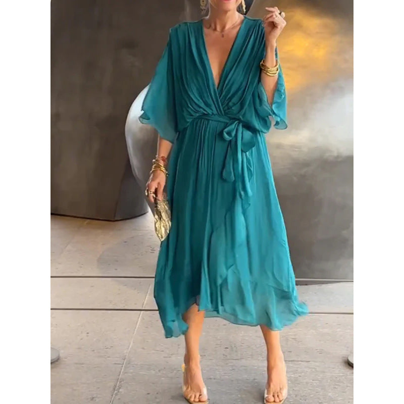 👗Večbarvna čipkasta šifonska obleka brez rokavov in netopirjevih rokavov