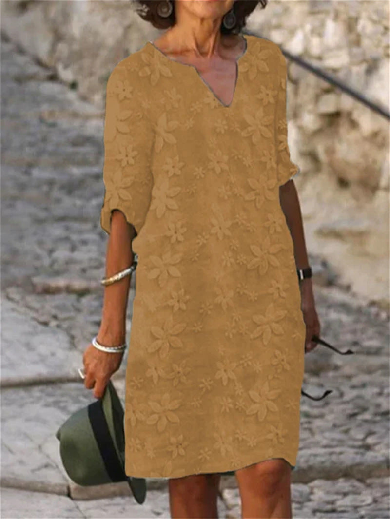 ✨✨【M-5XL】Enobarvna potiskana bombažna in lanena obleka, elegantna in modna,Na voljo več velikosti