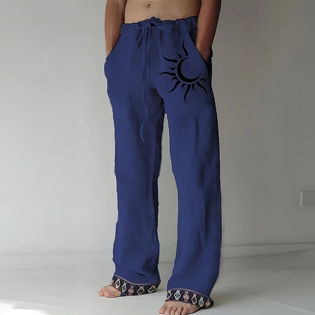👖🌙【50% popust 🔥】【S–6XL】Nove moške hlače iz bombaža in lana z luninim vzorcem, široke ravne hlačnice, ležerni kroj, večje velikosti