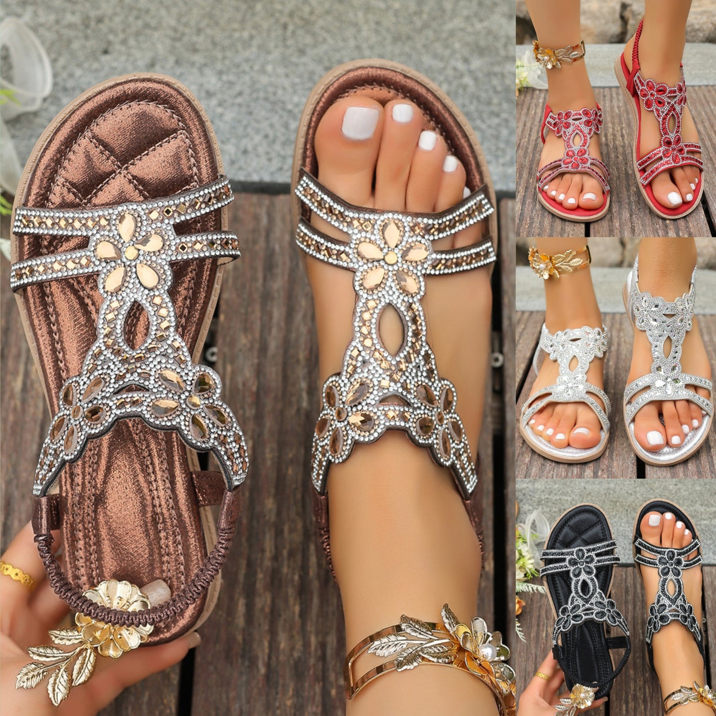 👡❤️【36-43】【Reducere de 50%】Sandale elastice cu flori și strasuri boeme 2025, talpă plată, mărime mare