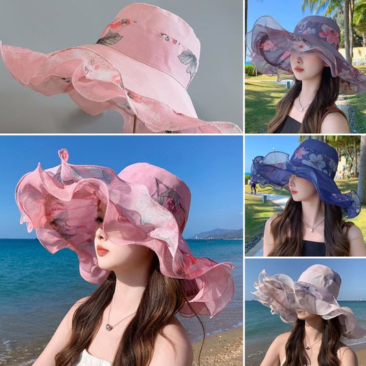 🎀👒【Letní novinky – sleva 50 % ✨】Dámská letní plážová čepice z bavlny a lnu s vlnitým okrajem, nositelná na obou stranách