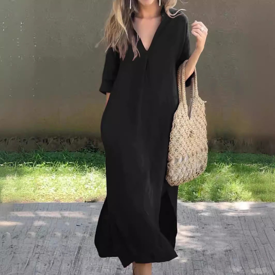 🌿💃【50% popust 🔥】【S–3XL】Nova ženska dolga obleka iz bombaža in lana za večje številke z V-izrezom in stranskimi razporki