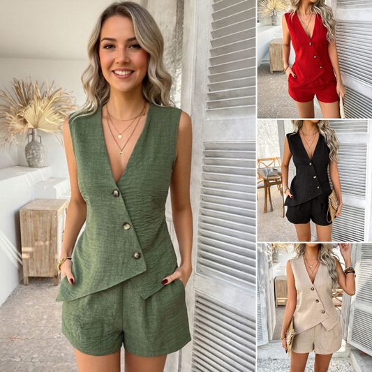 💖💋【2-delni komplet】【S-XL】Enobarvni praznični jopica z gumbi, brezrokavnik in kratke hlače