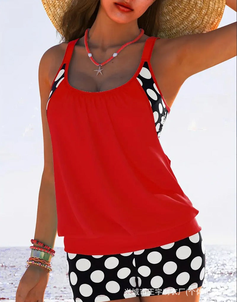🏖️【S-4XL】✨【Top + Pantaloni】Set de costum de baie pentru femei, cu bretele, buline, mărime mare, 2025