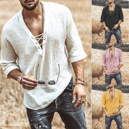 ✨【XS-5XL】【Výprodej】Volná a pohodlná pánská košile s výstřihem do V a kravatou na hrudi 2025