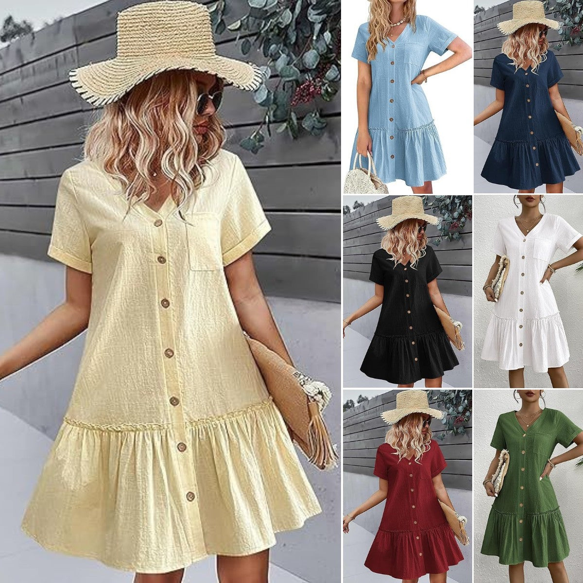 👗🍀Volné letní šaty z bavlny a lnu, nařasený spodní díl, každodenní šaty s krátkými rukávy